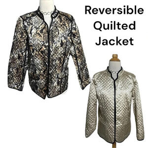 JM Collection 12P animal print‎ & cream quilted reversible jacket with pockets